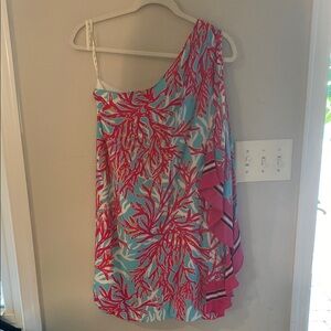 One-Shoulder Pink and Blue Dress